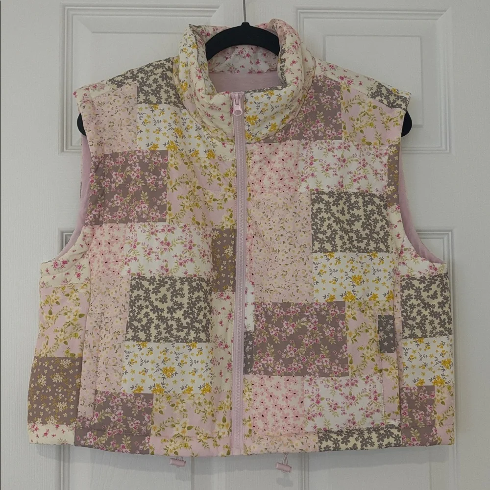 THREAD & SUPPLY quilted pastel vest floral patchwork full zip pockets pink large - Picture 3 of 15